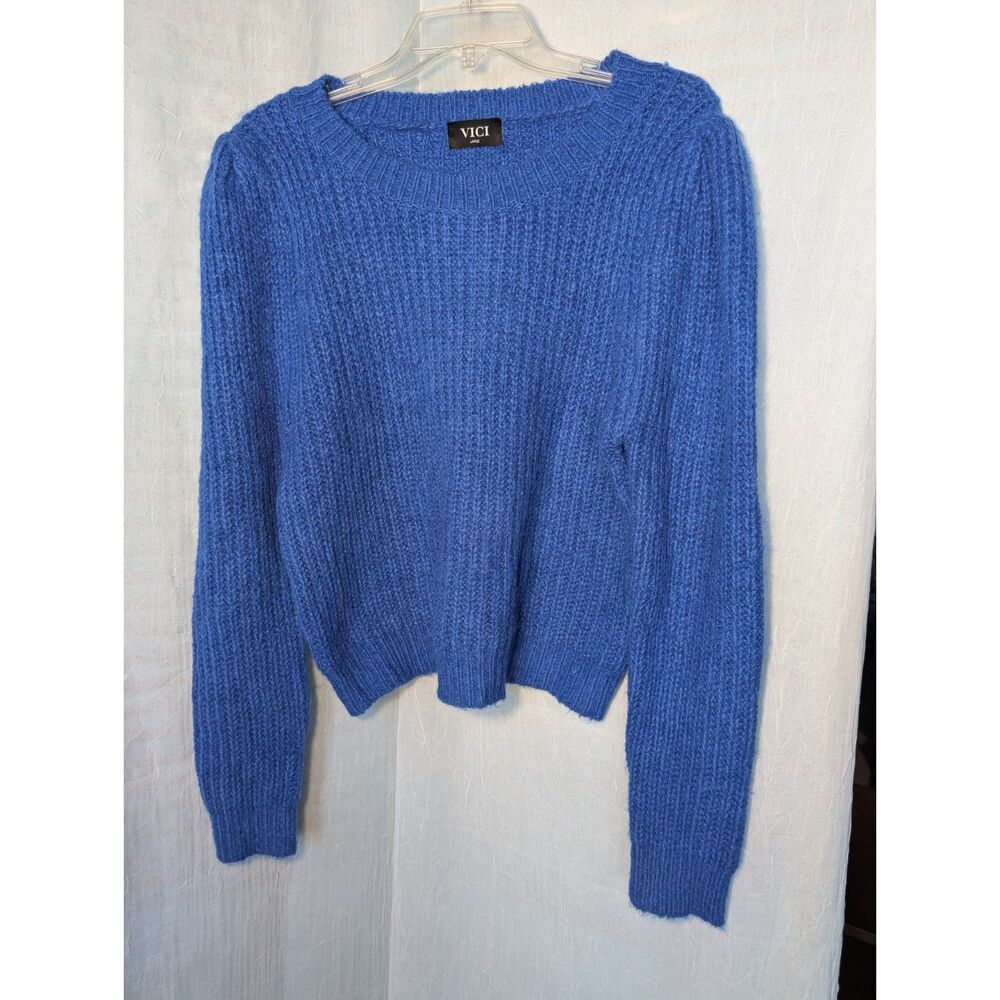 VICI Bright Blue Soft Fuzzy Cropped Chunky Knit Sweater L